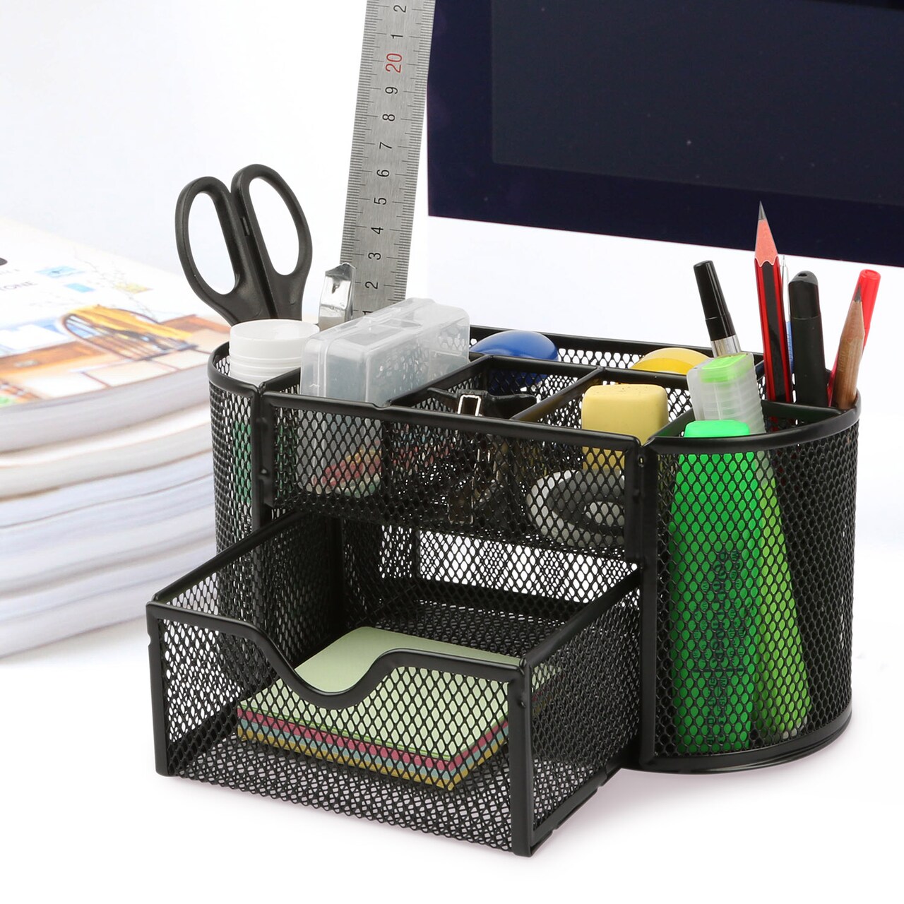 Metal Mesh Pencil Holder Desk Organizer 9 Compartments Hot Pink Portable Storage